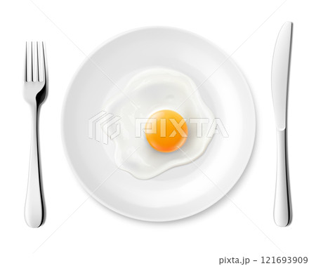 Plate with delicious fried egg and stainless steel cutlery, fork and knife, isolated on white background. Realistic 3D vector illustration. delicious breakfast, top view. 121693909