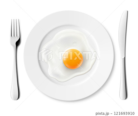 Plate with delicious fried egg and stainless steel cutlery, fork and knife, isolated on white background. Realistic 3D vector illustration. delicious breakfast, top view. 121693910