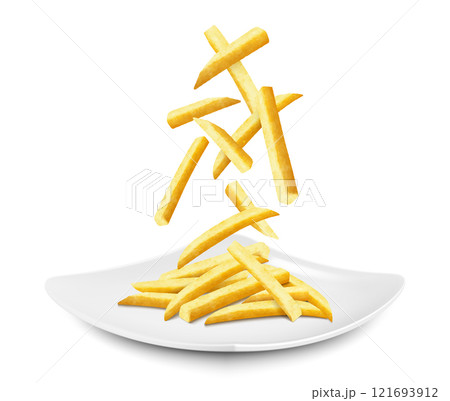 Crispy crunchy tasty French fries. Junk food for restaurant menu. Fried potatoes unhealthy fast food. Realistic 3D vector illustration. French fries falling on a white ceramic plate 121693912