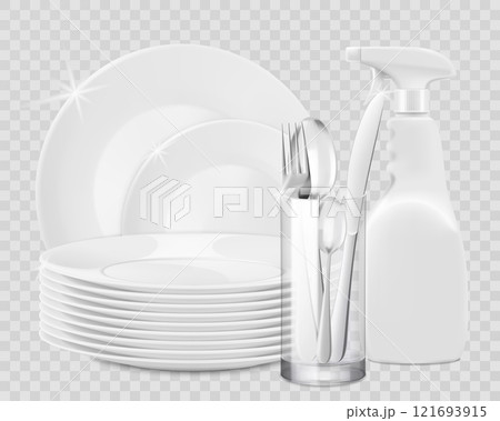 Clean shiny dishes and porcelain kitchen utensils with dishwashing liquid detergent bottle isolated on white. Advertising banner for household cleaning supplies. Realistic 3d vector illustration 121693915
