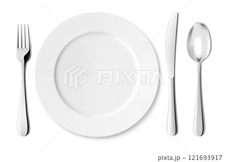 Classic white ceramic or glass plate with knife,spoon and fork. Empty plate with stainless steel metal cutlery isolated on white background, clipping path, top view. Realistic 3d vector illustration 121693917