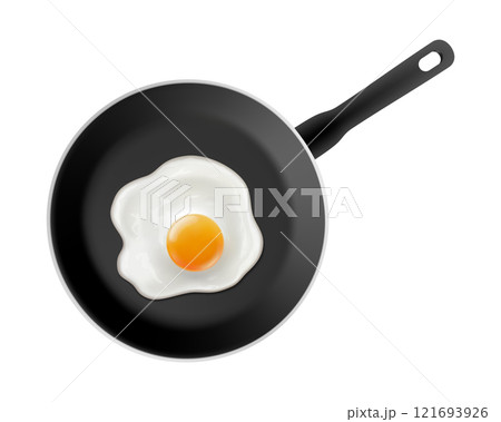 Tasty fried chicken eggs on frying pan isolated on white background. Scrambled eggs in a black non-stick pan Realistic 3d vector illustration Tasty fried chicken eggs on frying pan isolated on white background. Scrambled eggs in a black non-stick pan Realistic 3d vector illustration 121693926