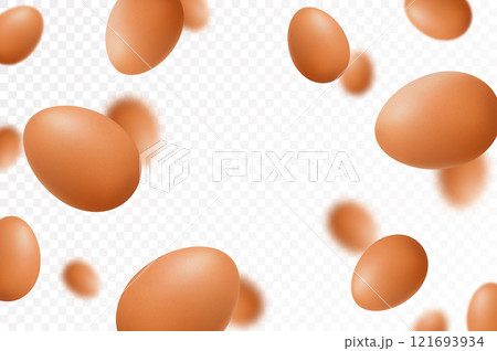 Flying chicken eggs, isolated on white background. Falling tasty eggs in the brown shell. Selective focus Can be used for advertising, packaging, banner, poster, print. Realistic 3d vector Flying chicken eggs, isolated on white background. Falling tasty eggs in the brown shell. Selective focus Can be used for advertising, packaging, banner, poster, print. Realistic 3d vector 121693934