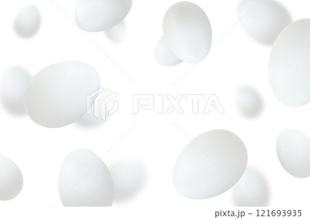Flying chicken eggs, isolated on white background. Falling tasty eggs in the white shell. Selective focus Can be used for advertising, packaging, banner, poster, print. Realistic 3d vector Flying chicken eggs, isolated on white background. Falling tasty eggs in the white shell. Selective focus Can be used for advertising, packaging, banner, poster, print. Realistic 3d vector 121693935