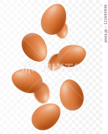Flying chicken eggs, isolated on white background. Falling tasty eggs in the brown shell. Selective focus Can be used for advertising, packaging, banner, poster, print. Realistic 3d vector 121693936