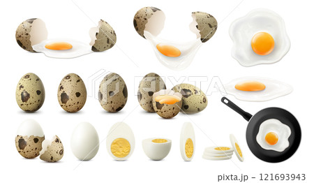 Set of whole, half, sliced and broken spotted quail eggs. Raw, fried and boiled eggs, isolated on white background. Crack eggs with yolks. Fried eggs on frying pan. Realistic 3d vector. Set of whole, half, sliced and broken spotted quail eggs. Raw, fried and boiled eggs, isolated on white background. Crack eggs with yolks. Fried eggs on frying pan. Realistic 3d vector. 121693943