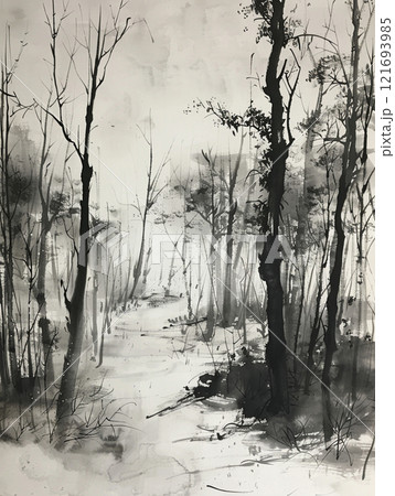 雪に覆われた林の小道の水墨画　AI画像 121693985