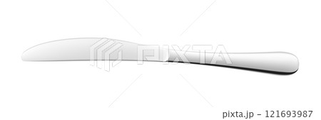 Table knife. Stainless steel glossy metal knife, isolated on white background. Kitchenware Mockup. Realistic 3d vector illustration. Kitchen utensils for eating, tableware for restaurant serving Table knife. Stainless steel glossy metal knife, isolated on white background. Kitchenware Mockup. Realistic 3d vector illustration. Kitchen utensils for eating, tableware for restaurant serving 121693987