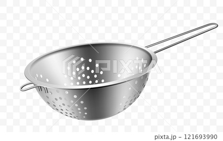 Metallic colander for cooking (kitchenware collection). Isolated on transparent background. Realistic 3D vector illustration. Utensils for cooking Metallic colander for cooking (kitchenware collection). Isolated on transparent background. Realistic 3D vector illustration. Utensils for cooking 121693990