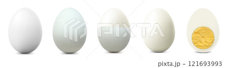White chicken eggs isolated on white background. Textured Whole, Cracked Broken, half peeled, Peeled Boiled Egg, Hard-Boiled Egg With Yolk. Whole, Cut in Half Egg, Front View. Realistic 3d Vector White chicken eggs isolated on white background. Textured Whole, Cracked Broken, half peeled, Peeled Boiled Egg, Hard-Boiled Egg With Yolk. Whole, Cut in Half Egg, Front View. Realistic 3d Vector 121693993