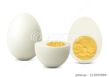 Whole boiled peeled chicken egg with halves egg isolated on a white background. Halves of hard boiled chicken eggs with yolks, Boiled Egg Sliced. Top view. Realistic 3D vector illustration Whole boiled peeled chicken egg with halves egg isolated on a white background. Halves of hard boiled chicken eggs with yolks, Boiled Egg Sliced. Top view. Realistic 3D vector illustration 121693999