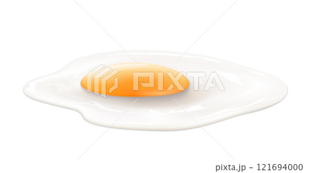 Tasty fried chicken egg isolated on white background. Classic protein rich breakfast side view. Healthy diet. Realistic 3d vector illustration 121694000