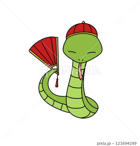 A cartoon snake holding a red fan 121694299
