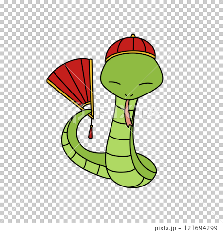 A cartoon snake holding a red fan 121694299