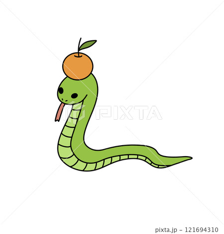 A green snake with an orange fruit on its head A green snake with an orange fruit on its head 121694310