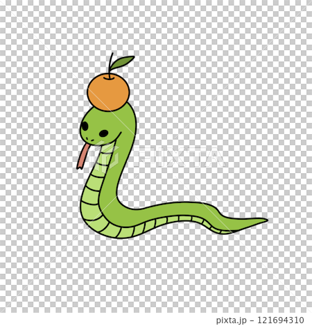 A green snake with an orange fruit on its head A green snake with an orange fruit on its head 121694310