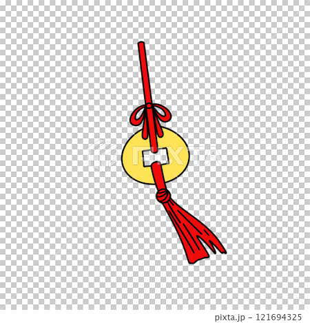 A red and yellow object with a red ribbon tied to it 121694325
