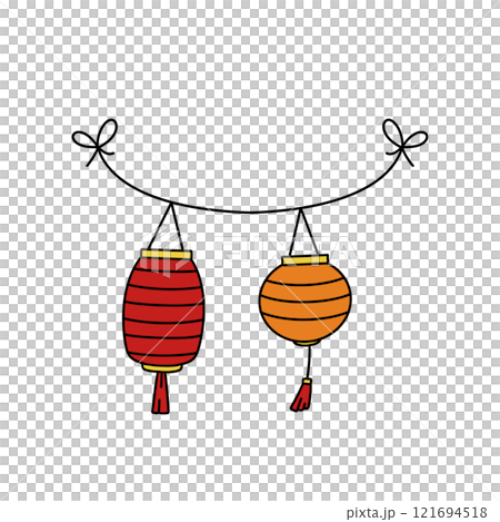 Two lanterns hanging from a string, one red and one orange 121694518