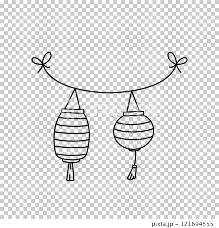 Two lanterns hanging from a line, one is striped and the other is plain Two lanterns hanging from a line, one is striped and the other is plain 121694555