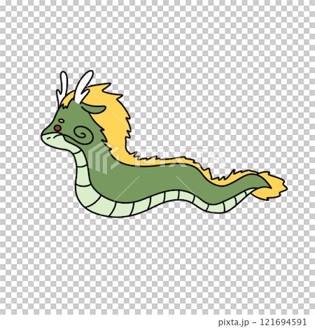 A green and yellow dragon with horns on its head A green and yellow dragon with horns on its head 121694591