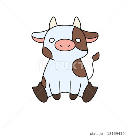 A cartoon cow with a blue face and brown spots sits on a white background 121694594