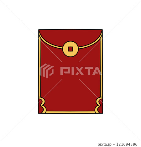 A red envelope with gold trim and a gold coin on top 121694596