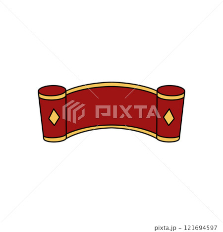 A red ribbon with gold accents is drawn on a white background 121694597