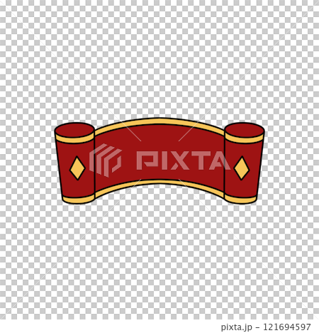 A red ribbon with gold accents is drawn on a white background 121694597
