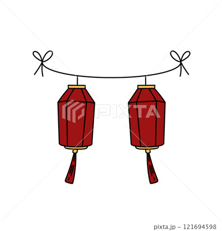 Two red lanterns hanging from a rope 121694598