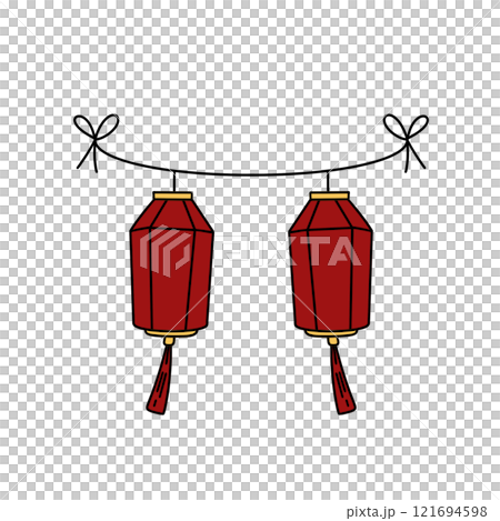 Two red lanterns hanging from a rope 121694598