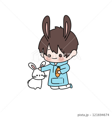 A cartoon rabbit is holding a carrot and petting a white rabbit 121694674