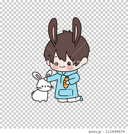 A cartoon rabbit is holding a carrot and petting a white rabbit 121694674