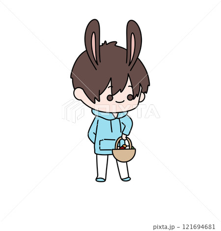 A cartoon rabbit is holding a basket and wearing a blue hoodie 121694681