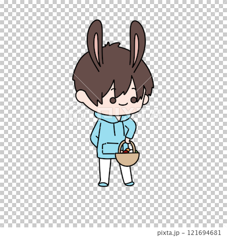 A cartoon rabbit is holding a basket and wearing a blue hoodie 121694681