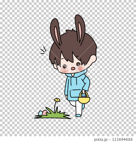 A cartoon rabbit is walking through a field with a basket in his hand 121694688