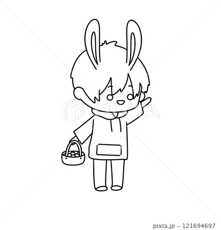 A cartoon rabbit is holding a basket of Easter eggs A cartoon rabbit is holding a basket of Easter eggs 121694697