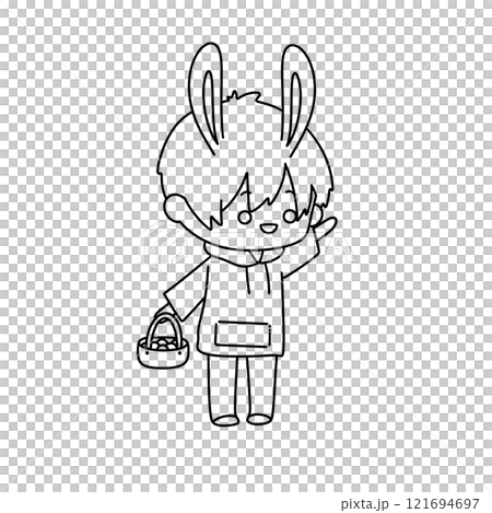 A cartoon rabbit is holding a basket of Easter eggs A cartoon rabbit is holding a basket of Easter eggs 121694697