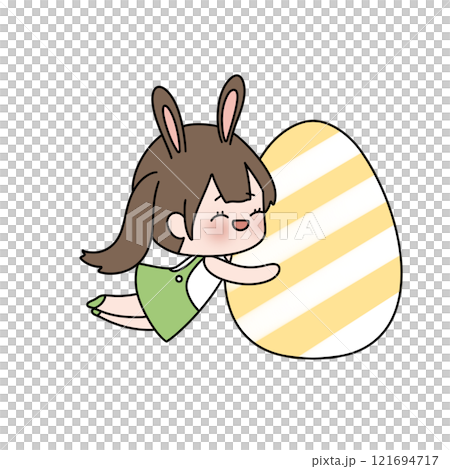 A cartoon girl is holding an egg in her arms 121694717