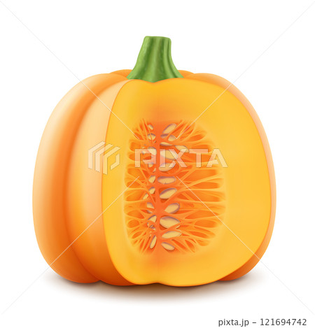 Orange ripe pumpkin in a section with seeds isolated on white background. Decorative art element for Thanksgiving, Halloween celebration layout design. Bright orange fruit. Realistic 3d vector 121694742