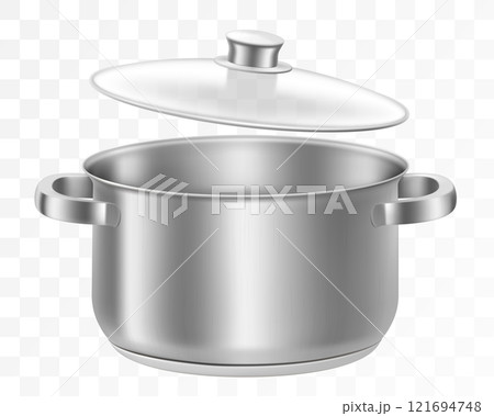 Open stainless steel pan and transparent glass lid isolated on background. Realistic 3d vector illustration. Cookware. Kitchen utensils. Mock-up 121694748