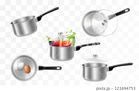 Set of stainless steel pots or ladle isolated on a transparent background. A set of kitchen tools, cookware, Kitchen utensils with vegetables and empty. Realistic 3d Vector illustration. 121694753