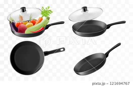 Black Frying Pan Icon Set Isolated on Transparent Background. Empty empty and with different vegetables. Design Template for Mockup. Food Concept. Top and Front or Side View. Vector 3d Realistic Black Frying Pan Icon Set Isolated on Transparent Background. Empty empty and with different vegetables. Design Template for Mockup. Food Concept. Top and Front or Side View. Vector 3d Realistic 121694767