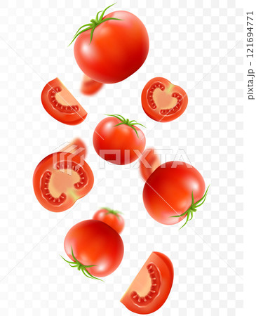 Tomato background. Falling fresh ripe tomatoes, isolated on transparent background. Selective focus. Flying defocusing red tomato. Applicable for ketchup, juice advertising. Realistic 3d vector 121694771