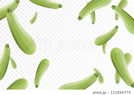 Falling zucchini isolated on transparent background. Flying whole and sliced zucchini vegetable with blurry effect. Can be used for advertising, packaging, banner, poster, print. Realistic 3d vector Falling zucchini isolated on transparent background. Flying whole and sliced zucchini vegetable with blurry effect. Can be used for advertising, packaging, banner, poster, print. Realistic 3d vector 121694774