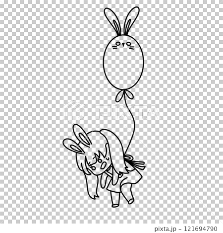A girl is holding a balloon and a rabbit is floating above her 121694790