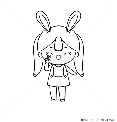 A girl with a rabbit on her head is smiling and making peace signs 121694798