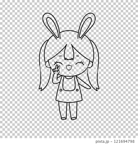 A girl with a rabbit on her head is smiling and making peace signs 121694798