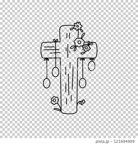 A cross with flowers and eggs hanging from it 121694909