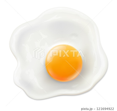 Tasty fried chicken egg isolated on white background. Classic protein rich breakfast. top view. Healthy diet. Realistic 3d vector illustration 121694922
