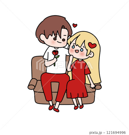 A young couple is sitting on a couch, with a red rose in the man's hand 121694996